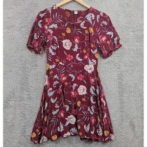 Old Navy Fit & Flare Crepe Dress Women Small Petite Burgundy Floral Peephole NWT